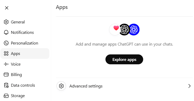 ChatGPT Settings on the Apps section, with Advanced settings at the bottom