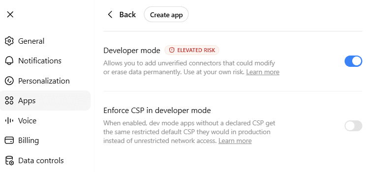 ChatGPT Advanced settings with the Developer mode toggle switched on