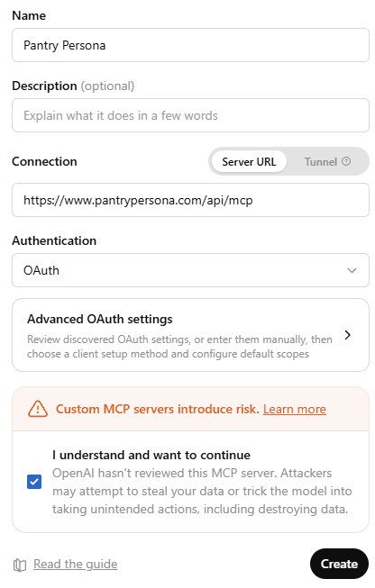 New App dialog with Connection set to Server URL, the MCP URL, and OAuth