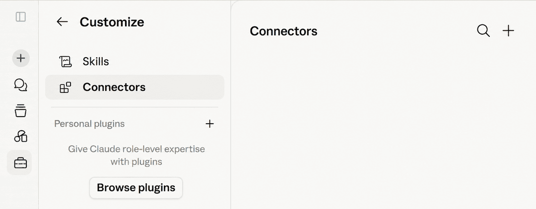 Claude Customize page showing the Connectors section and the + to add a connector
