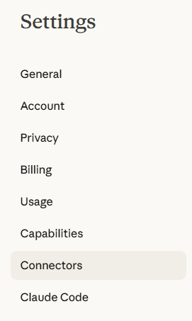 Claude Settings sidebar showing Connectors menu item