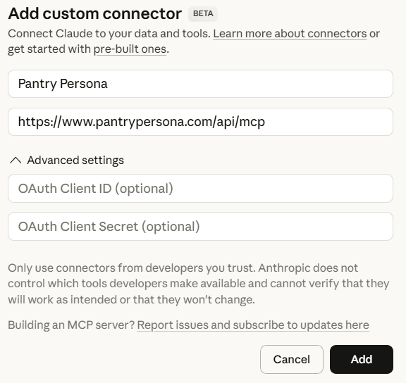 Add custom connector dialog with Pantry Persona name and MCP URL