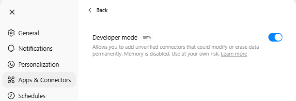 ChatGPT Settings showing Developer Mode toggle in Advanced Settings