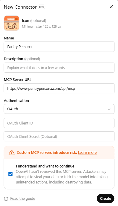 New app dialog showing MCP URL and OAuth settings