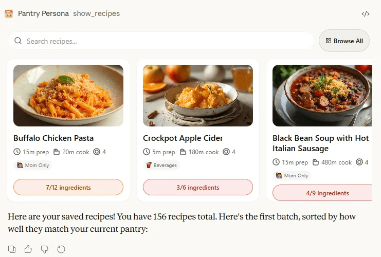 Saved recipes shown inside ChatGPT, each card listing prep time, cook time, servings, and how many of its ingredients are already in the pantry.